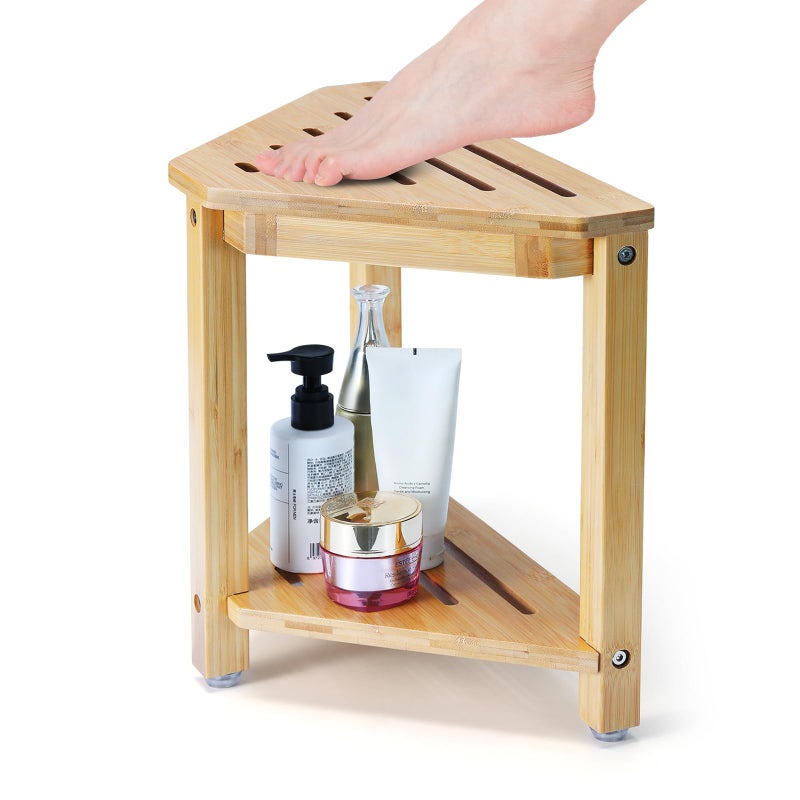 Boulphia Shower Foot Rest 138in Bamboo Shower Stool for Shaving Legs Waterproof Corner Shower Stool with Storage Shelf Shower Foot Stool for Inside Small Shower Spaces - Image 3