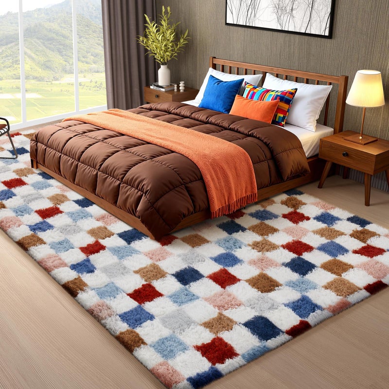 Ophanie Checkered Rainbow Rug for Living Room Bedroom, Colorful Fluffy Soft Cute Fuzzy Area Rugs, Shag Plush Shaggy Bedside Floor 8x10 Furry Carpet for Kids Teen Dorm Nursery Home Decor Aesthetic - Image 5