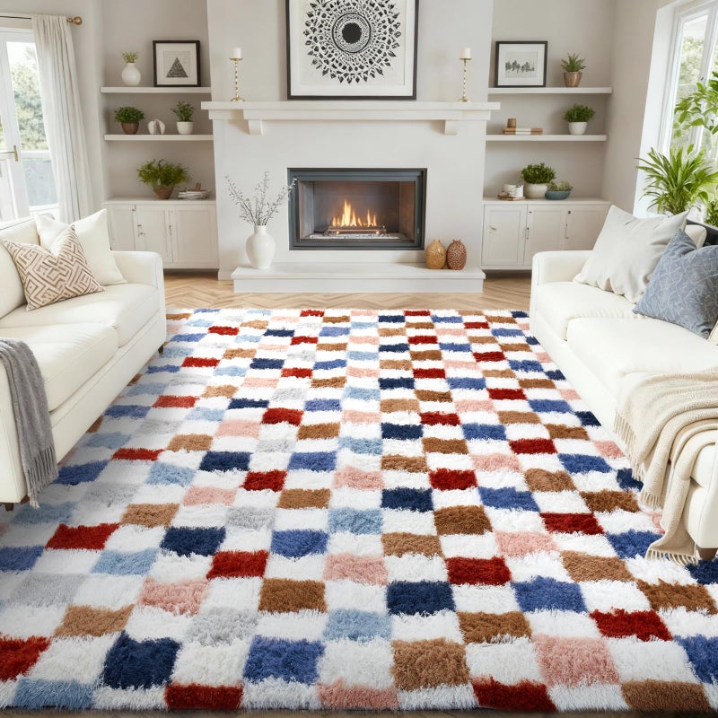 Ophanie Checkered Rainbow Rug for Living Room Bedroom, Colorful Fluffy Soft Cute Fuzzy Area Rugs, Shag Plush Shaggy Bedside Floor 8x10 Furry Carpet for Kids Teen Dorm Nursery Home Decor Aesthetic - Image 1
