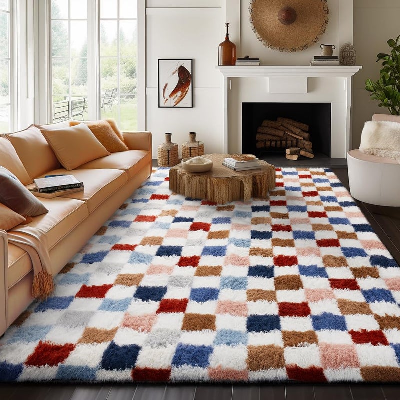 Ophanie Checkered Rainbow Rug for Living Room Bedroom, Colorful Fluffy Soft Cute Fuzzy Area Rugs, Shag Plush Shaggy Bedside Floor 8x10 Furry Carpet for Kids Teen Dorm Nursery Home Decor Aesthetic - Image 3