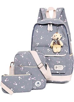 Girls Backpack Student School Bag 3 Piece Set Canvas Backpacks Travel Satchel Daypack Rucksack Set with Crossbody Bag for Teens and Children Bookbag Grey