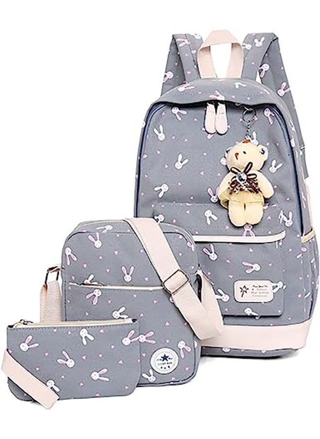 Arabest - Girls Backpack Student School Bag 3 Piece Set Canvas Backpacks Travel Satchel Daypack Rucksack Set with Crossbody Bag for Teens and Children Bookbag Grey - Image 1