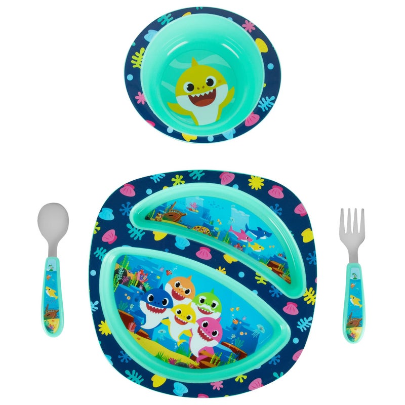 the FIRST years First Years Baby Shark Toddler Dinnerware Set - Includes Plate, Bowl, Fork and Spoon - 4 Count, Blue - Image 1