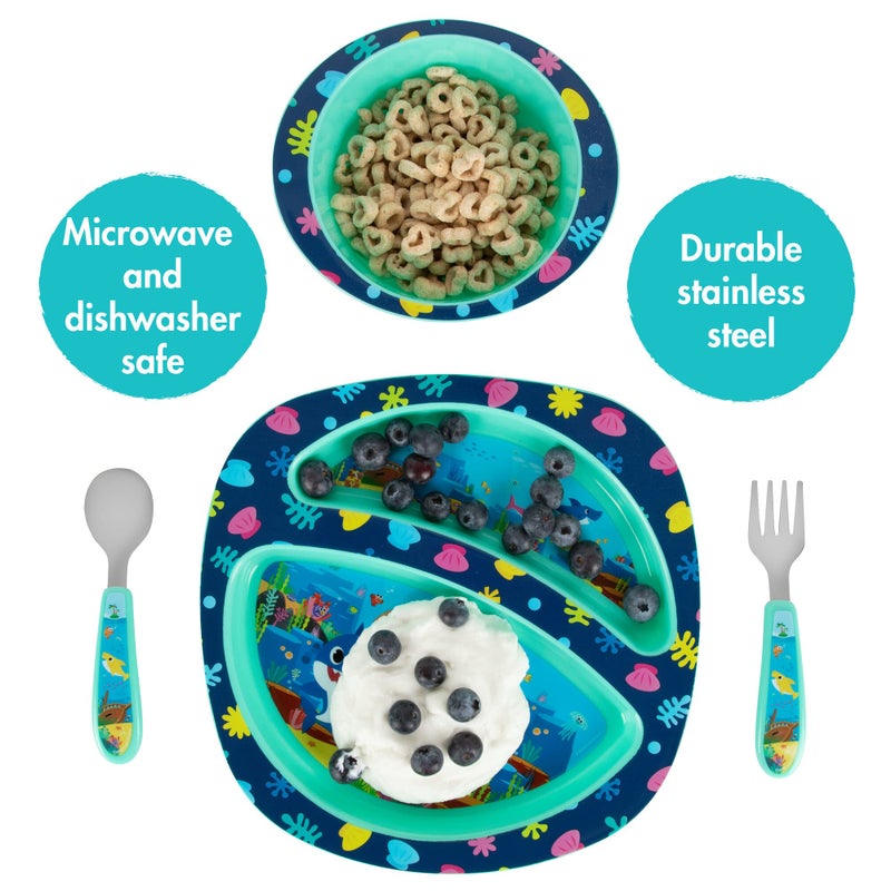 the FIRST years First Years Baby Shark Toddler Dinnerware Set - Includes Plate, Bowl, Fork and Spoon - 4 Count, Blue - Image 2