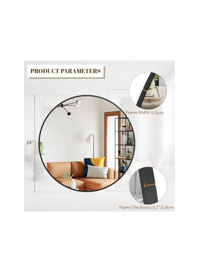 The Bros 60cm Bathroom Mirror, Wall Mounted Black Round Mirror, Circle Mirror with Metal Frame, Modern Hanging Vanity Mirror, Wall Mirror for Bathroom, Entryway, Living Room - Image 4