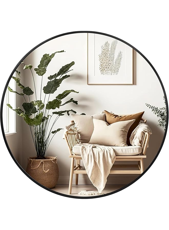 The Bros 60cm Bathroom Mirror, Wall Mounted Black Round Mirror, Circle Mirror with Metal Frame, Modern Hanging Vanity Mirror, Wall Mirror for Bathroom, Entryway, Living Room - Image 1