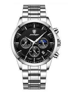 POEDAGAR Men’s Quartz Waterproof Glow Calendar Stainless Steel Band Black Dial Watch 42mm  - Image 1