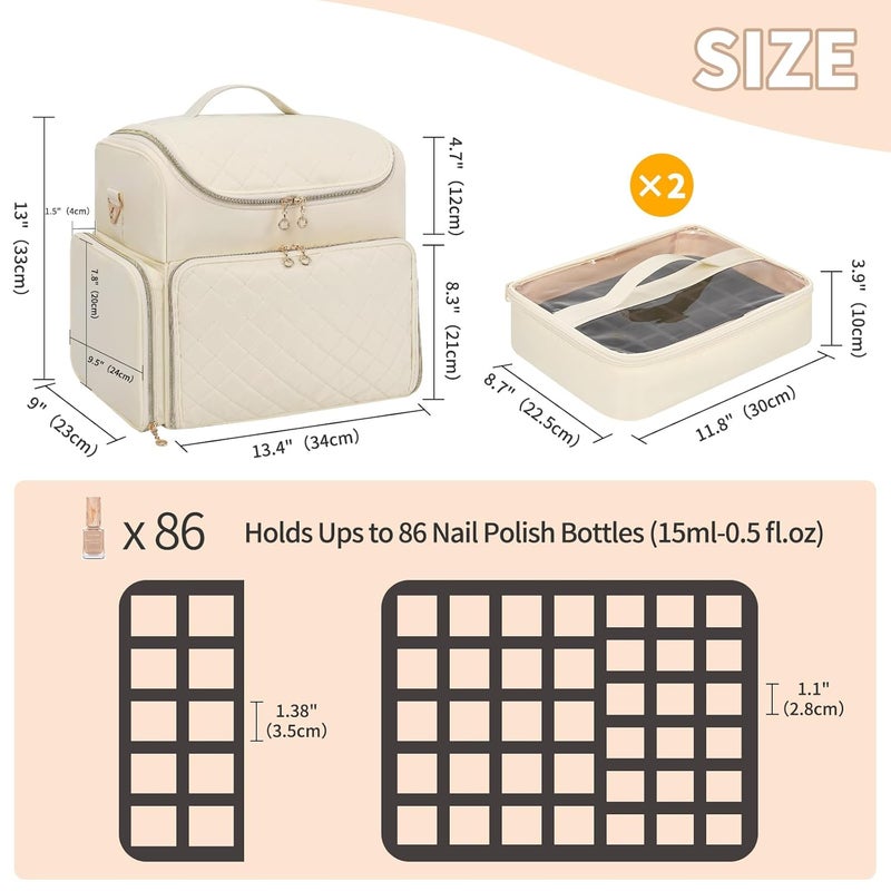 CUBETASTIC Extra Large Nail Polish Organizer Case Holds 86 to 100+ Bottles Nail Polish & Nail Lamp, Nail Supplies Storage Carrying Bag with 2 Removable Pouches - Image 5