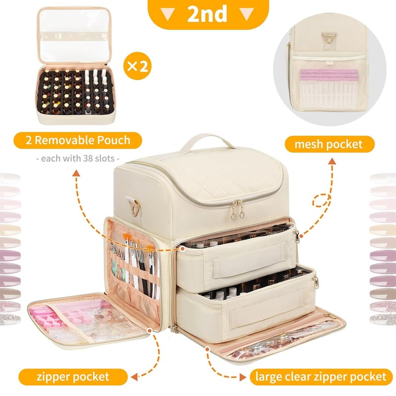 CUBETASTIC Extra Large Nail Polish Organizer Case Holds 86 to 100+ Bottles Nail Polish & Nail Lamp, Nail Supplies Storage Carrying Bag with 2 Removable Pouches - Image 4