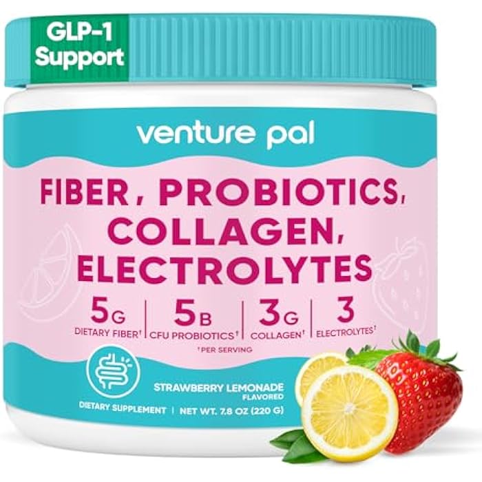 Venture Pal Fiber Supplement for Digestive & Immune Health – Infused with Acacia Fiber, Collagen, Probiotics & Electrolytes – Strawberry Lemonade - Image 1