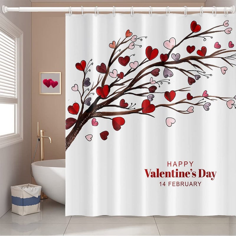 Umpoo Happy Valentine's Day Shower Curtain for Bathroom Romantic Red Love Heart Trees Branches February 14 Shower Curtain with Hooks Decorative Waterproof, 60x72 Inch - Image 1