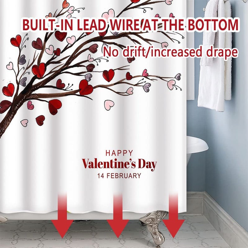 Umpoo Happy Valentine's Day Shower Curtain for Bathroom Romantic Red Love Heart Trees Branches February 14 Shower Curtain with Hooks Decorative Waterproof, 60x72 Inch - Image 4