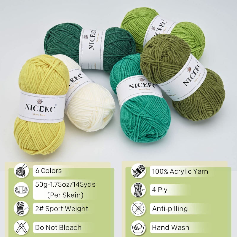 NICEEC 300g Soft Assorted Colors Yarn - Sport Weight,100% Acrylic, 4 Ply, Bonbons Yarn for Crochet & Knit, DIY Project Starter Kit for Kids or Adults(Total 870yds) - Green Series - Image 4
