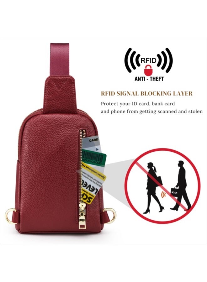 S-ZONE Sling Bag for Women, Genuine Leather Fanny Packs RFID Blocking Crossbody Chest Bags, Gifts for Women Men Wine Red  - Image 4