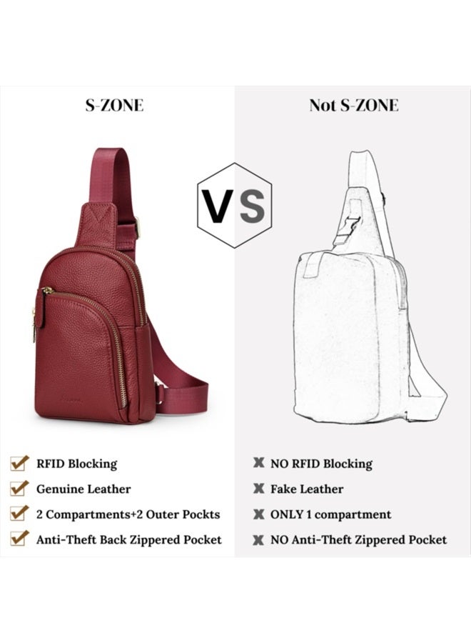 S-ZONE Sling Bag for Women, Genuine Leather Fanny Packs RFID Blocking Crossbody Chest Bags, Gifts for Women Men Wine Red  - Image 5