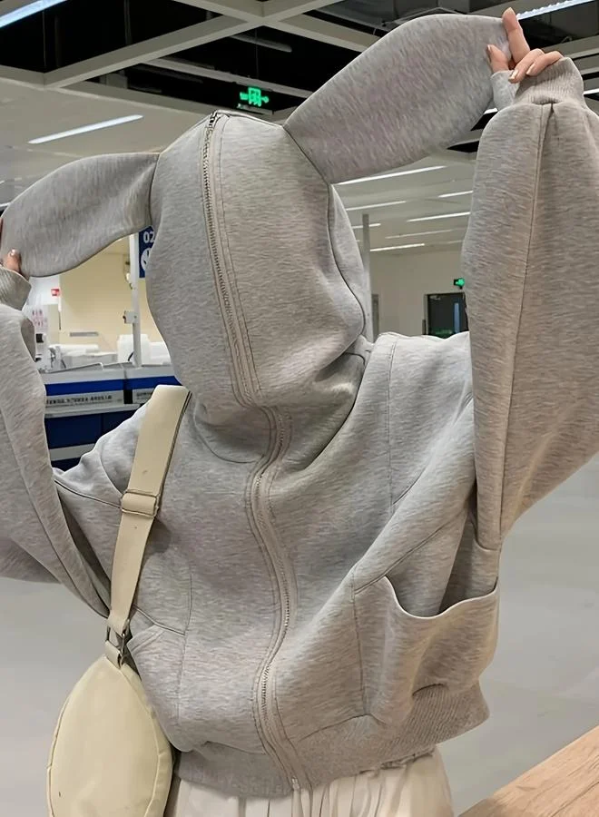 Take Two Grey Bunny Ear Zip-Up Jacket