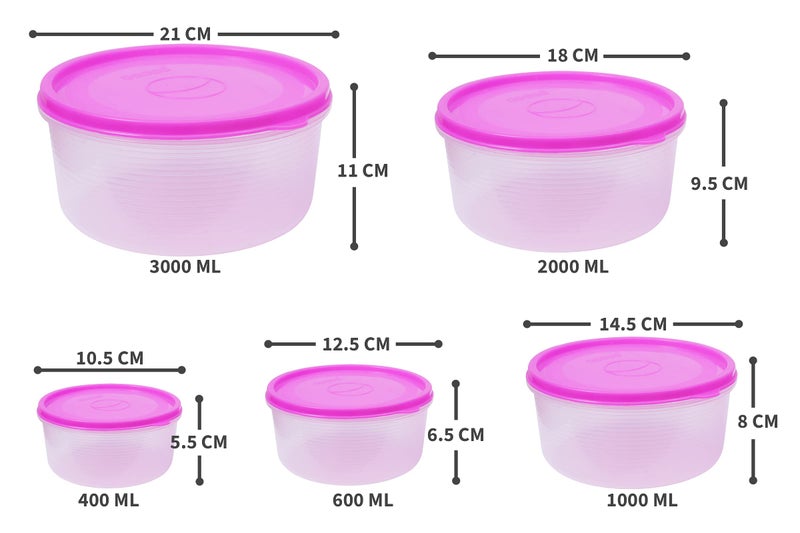 GALOOF 5 Pcs Microwave Safe Air Tight Kitchen Container Set For Re-Heating And Refridgerator (3000 ml, 2000 ml, 1000 ml, 600 ml, 400 ml) (PINK) - Image 3