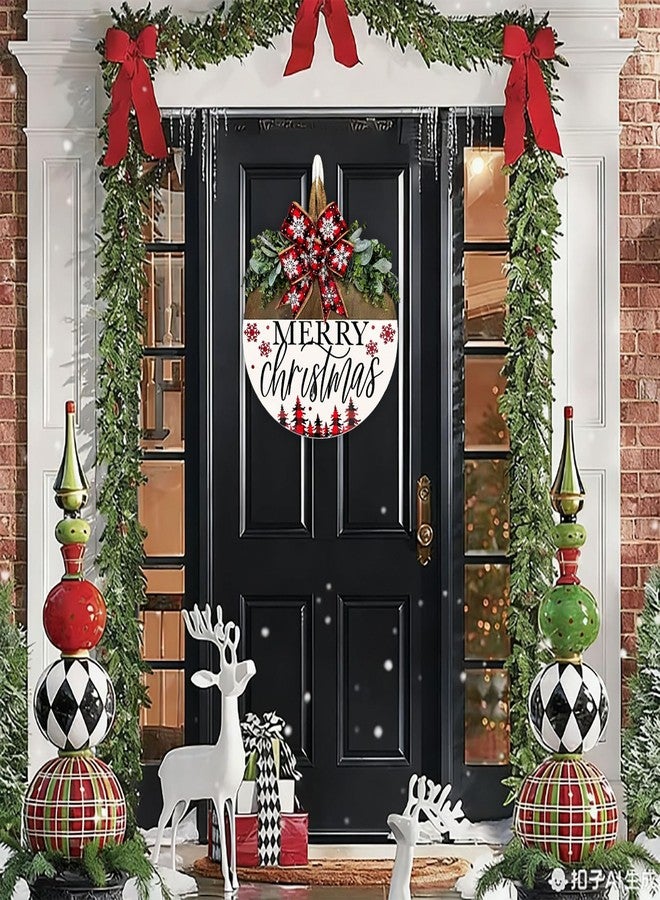 Apear1 Christmas Welcome Wreath Decorations, Merry Christmas Hanging Sign for Front Door, Wooden Door Wreath with Bow for Holiday Rustic Farmhouse Outdoor Wall Window Decor (Style B) - Image 2