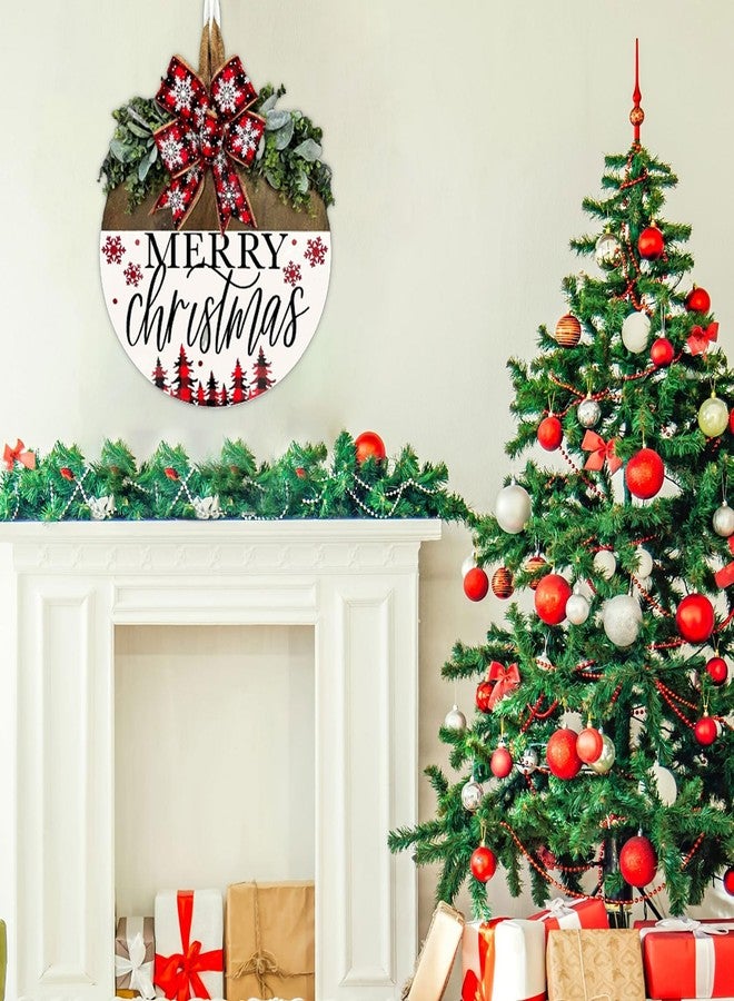 Apear1 Christmas Welcome Wreath Decorations, Merry Christmas Hanging Sign for Front Door, Wooden Door Wreath with Bow for Holiday Rustic Farmhouse Outdoor Wall Window Decor (Style B) - Image 3