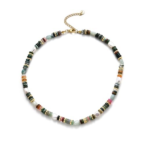 Qitian Beaded Gemstone Necklace for Women Colorful Boho Bead Choker Necklace Natural Stone Freshwater Pearl Surfer Beach Necklace 14K Gold Plated Summer Handmade Jewelry Gifts for friend - Image 1