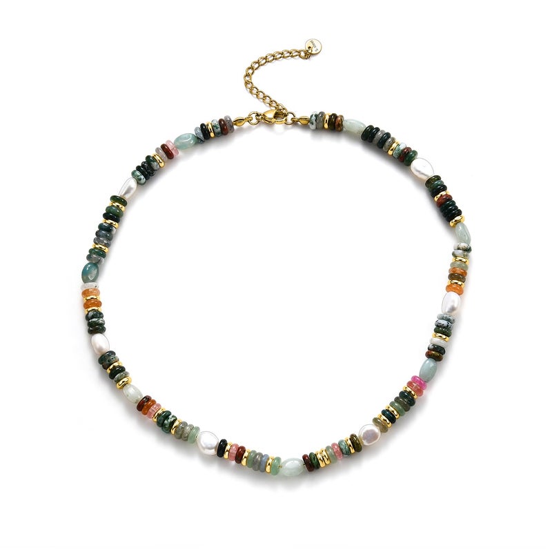 Qitian Beaded Gemstone Necklace for Women Colorful Boho Bead Choker Necklace Natural Stone Freshwater Pearl Surfer Beach Necklace 14K Gold Plated Summer Handmade Jewelry Gifts for friend - Image 2