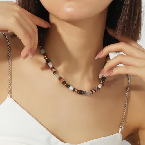 Qitian Beaded Gemstone Necklace for Women Colorful Boho Bead Choker Necklace Natural Stone Freshwater Pearl Surfer Beach Necklace 14K Gold Plated Summer Handmade Jewelry Gifts for friend - Image 3