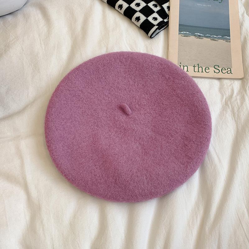 Womens Autumn/winter Korean Style Vintage Candy Color Woolen Beret Hat Self-designed Warm Stylish For Skullies Beanies Taro purple 