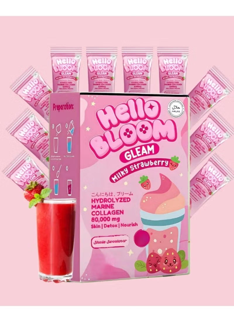 Hot Babe Hello Bloom Glim Milky Strawberry - Marine Collagen Drink 60,000 mg for Skin, Detox & Nutrition - Sweetened with Stevia - 10 Sachets - Image 2