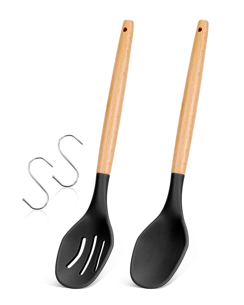 Large Silicone Cooking Spoons 2 Pack Nonstick Solid and Slotted Wooden handle Spoon Set Heat Resistan Silicone Kitchen Spoons for Cooking Serving Basting Mixing Black