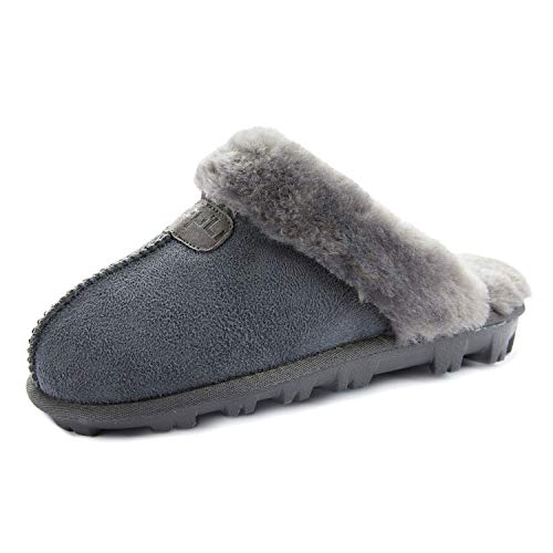 CLPP'LI Womens Slip on Faux Fur Warm Winter Mules Fluffy Suede Comfy Slippers-Grey-6 - Image 1