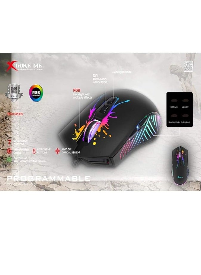 Xtrike me GM-215 Optical Gaming Mouse with DPI Adjustable (7200/4800/2400/1200) 7 Buttons, Backlit