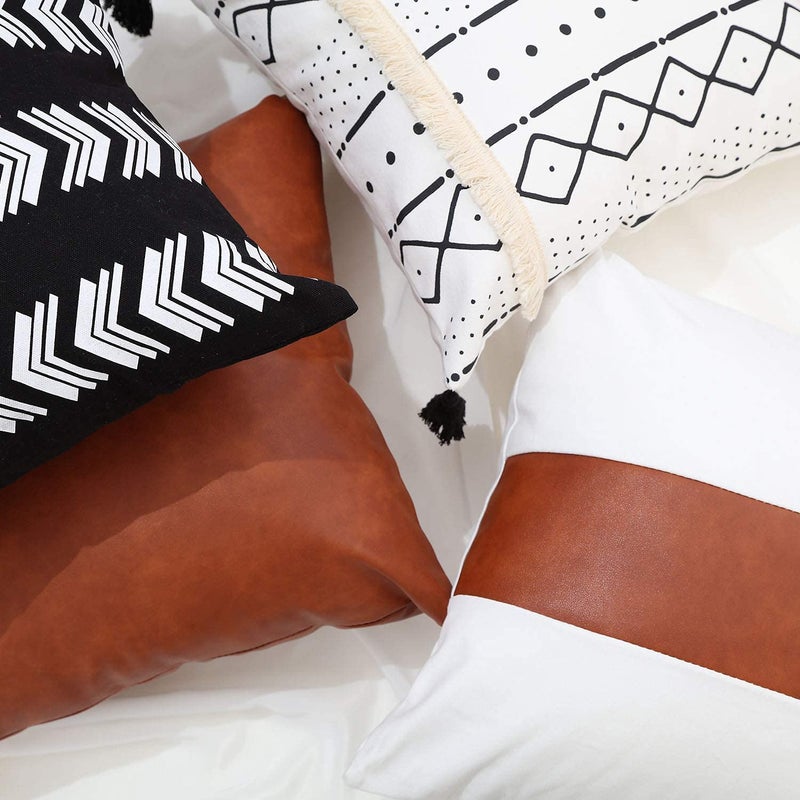 GALMAXS7 Boho Throw Pillow Covers 18 x 18 Set of 4 - Modern Stripe Geometric Farmhouse Decorative Pillow Cover Sets for Pillows - Couch Sofa Bed,Faux Leather Black and White Pillow Covers - Image 5
