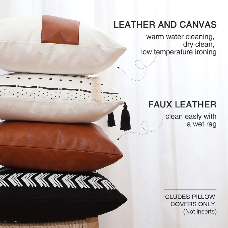 GALMAXS7 Boho Throw Pillow Covers 18 x 18 Set of 4 - Modern Stripe Geometric Farmhouse Decorative Pillow Cover Sets for Pillows - Couch Sofa Bed,Faux Leather Black and White Pillow Covers - Image 2