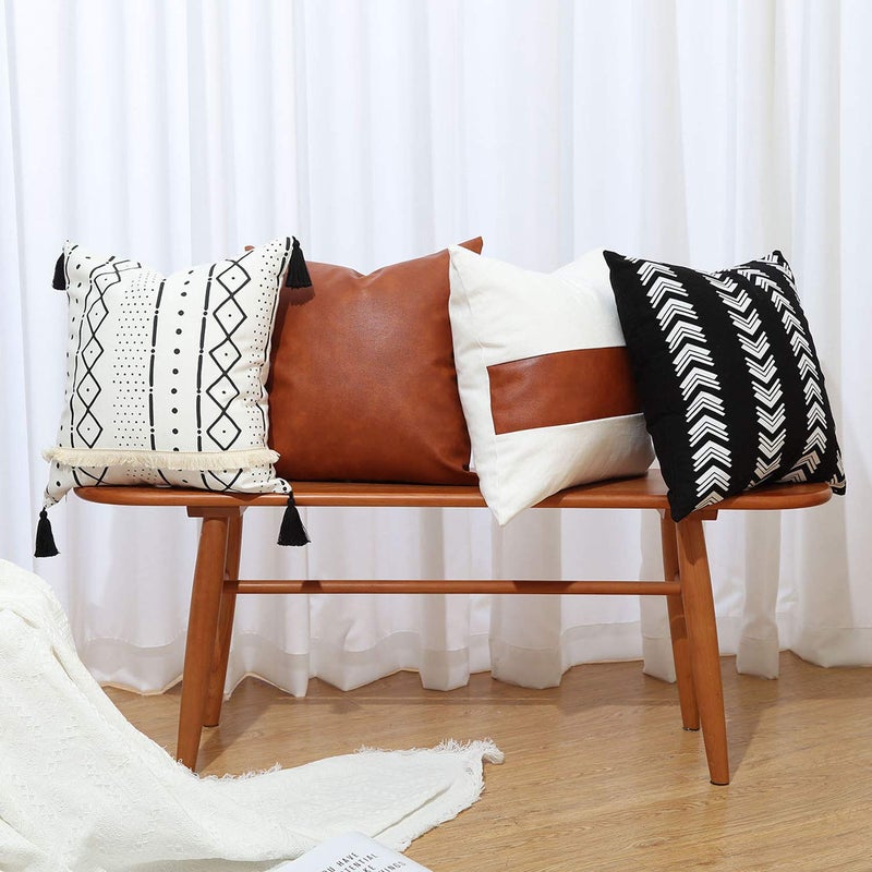 GALMAXS7 Boho Throw Pillow Covers 18 x 18 Set of 4 - Modern Stripe Geometric Farmhouse Decorative Pillow Cover Sets for Pillows - Couch Sofa Bed,Faux Leather Black and White Pillow Covers - Image 1