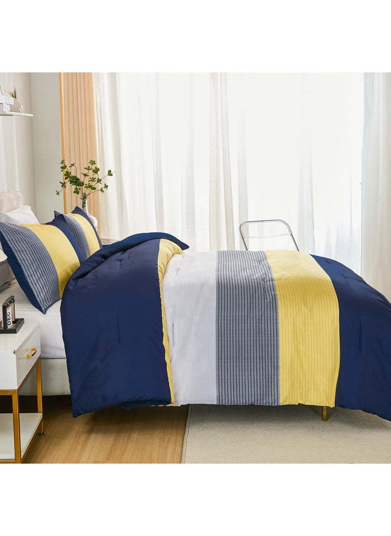 WONGS BEDDING WONGS BEDDING Comforter Set Queen  Reversible Blue Striped Patchwork Down Alternative Comforter for Queen Bed 3 Pieces (1 Comforter+2 Pillowcases)  Soft Microfiber Bedding Duvet Insert Set 90""?90""  - Image 4