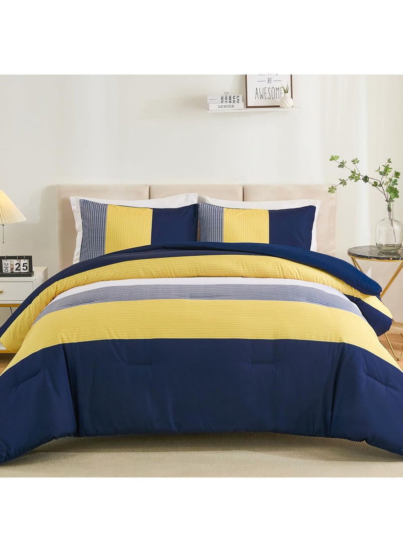 WONGS BEDDING WONGS BEDDING Comforter Set Queen  Reversible Blue Striped Patchwork Down Alternative Comforter for Queen Bed 3 Pieces (1 Comforter+2 Pillowcases)  Soft Microfiber Bedding Duvet Insert Set 90""?90""  - Image 1