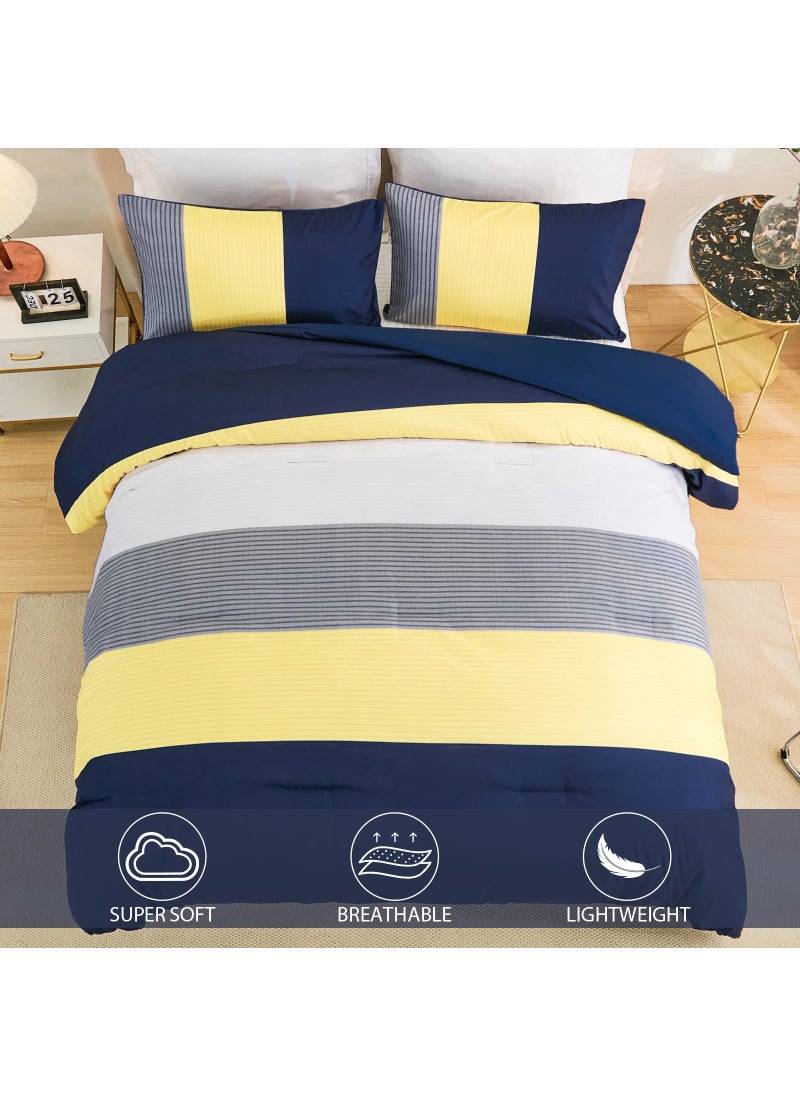 WONGS BEDDING WONGS BEDDING Comforter Set Queen  Reversible Blue Striped Patchwork Down Alternative Comforter for Queen Bed 3 Pieces (1 Comforter+2 Pillowcases)  Soft Microfiber Bedding Duvet Insert Set 90""?90""  - Image 3