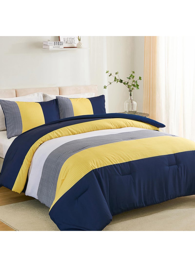 WONGS BEDDING WONGS BEDDING Comforter Set Queen  Reversible Blue Striped Patchwork Down Alternative Comforter for Queen Bed 3 Pieces (1 Comforter+2 Pillowcases)  Soft Microfiber Bedding Duvet Insert Set 90""?90""  - Image 2