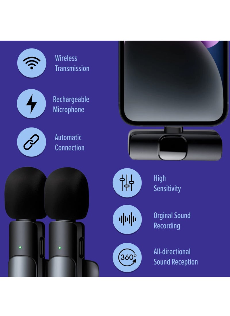 Houmt - Wireless Microphone for iPhone 2 PCS Mini Microphone iPhone Microphone for Video Recording Wireless Lavalier Mic iPhone Professional Wireless Lapel Microphone - Image 1