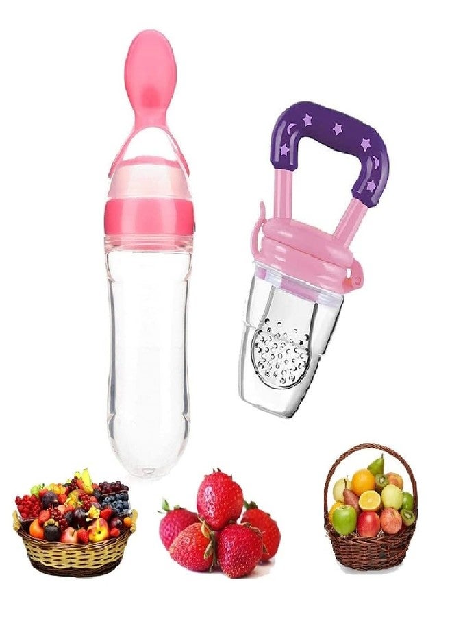 Chopchi Silicone Fruit Nibbler Pacifier 1 Pcs with 1 pcs Spoon Feeder Bottle for Infant Baby for 6+ Month Baby (2 Piece Combo Set-Pink) - Image 1
