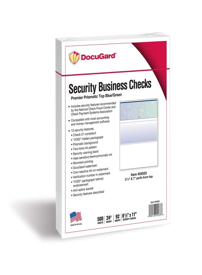 دوكو جارد ورق شيكات عالي الأمان من نوع DocuGard Blue/Green Premier Prismatic Top - متوافق مع QuickBooks وطابعات الليزر/الحبر - 13 ميزة أمان - 500 شيك تجاري فارغ (04533) - Image 2