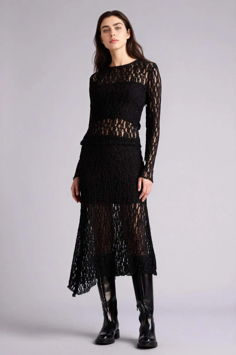 ديفاكتو Asymmetrical Normal Waist Jersey Lining Lace Midi Skirt