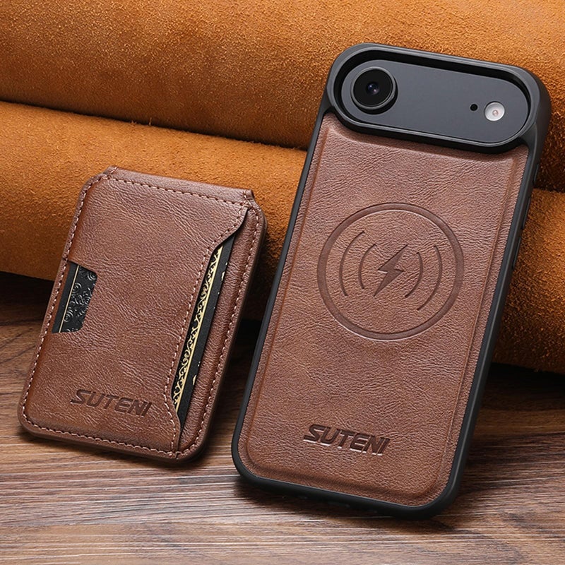 Suteni For Iphone Air M3 Card Bag Magsafe Cowhide Texture Leather Phone Case(Brown) - Image 2
