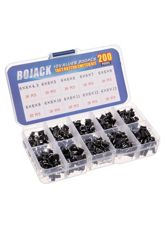 BOJACK 10 Values 200Pcs 6X6Mm Tactile Button Switches 4 Pin Momentary Button Switches Assortment Kit - Image 2