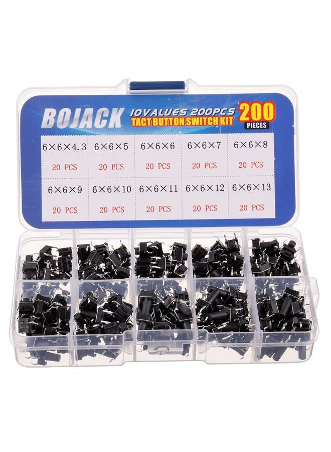 BOJACK 10 Values 200Pcs 6X6Mm Tactile Button Switches 4 Pin Momentary Button Switches Assortment Kit - Image 1