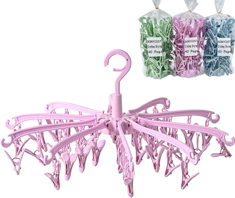BONYCUST Foldable Drying Rack with 40 Clips for Drying Socks Lingerie Baby Clothes Drying Towels Rotatable Sock Drying Rack（Pink） - Image 1
