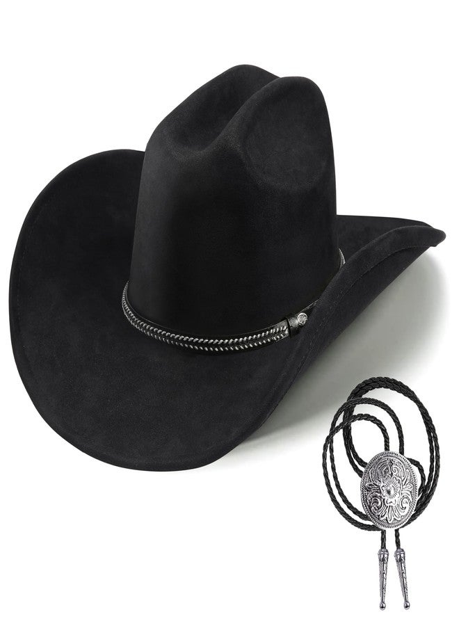Foeran Western Cowboy Hat for Men Women,Shapeable Wide Brim Felt Fedora Classic Cowgirl Hats for Cowboys and Cowgirls,with bolo tie, Black-b, M-L - Image 1