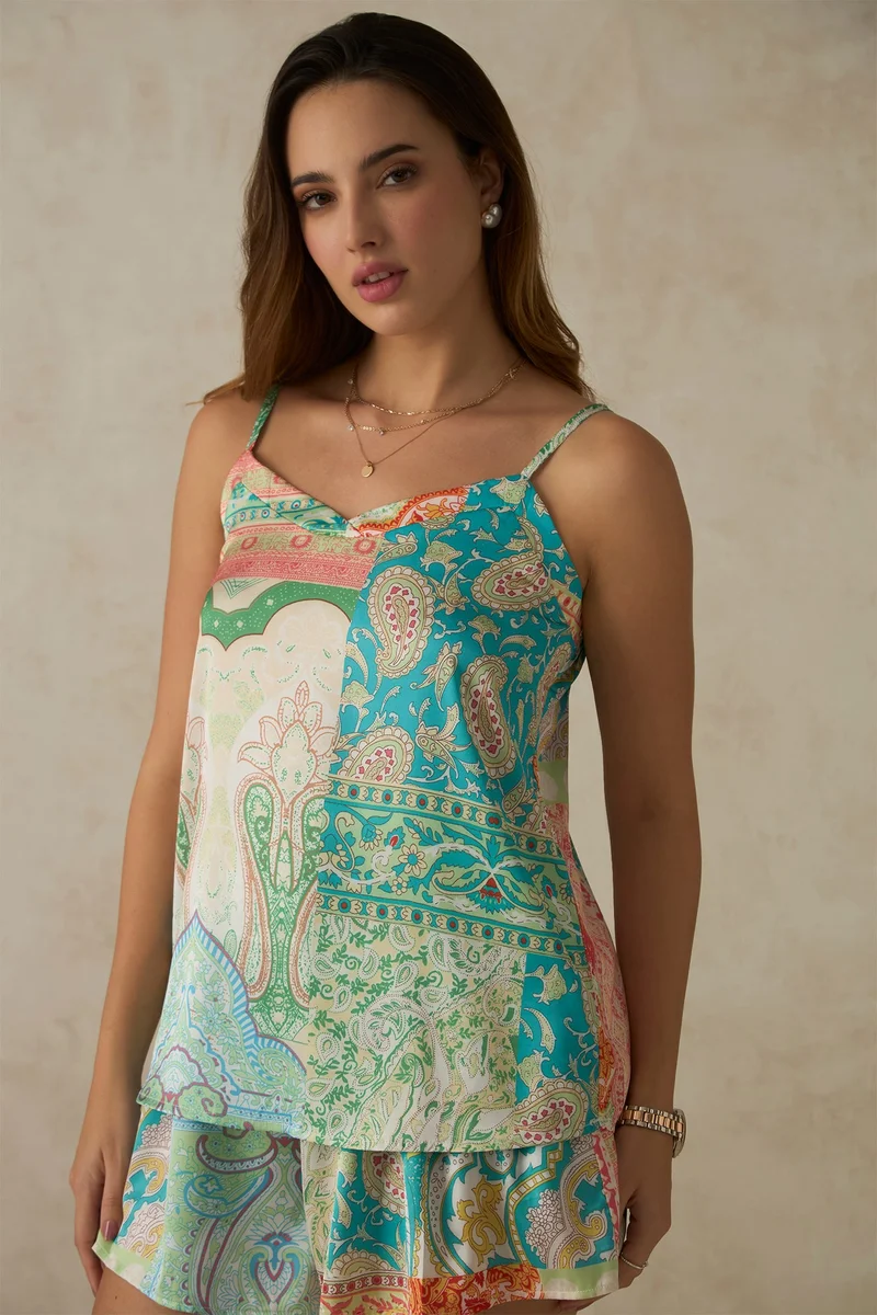 فيرجيو Abstract Satin Abstract Print Top for Women