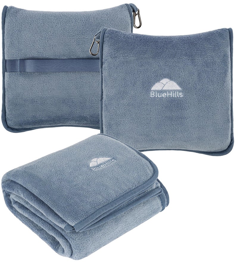 BlueHills BlueHills Premium Soft Plush Travel Blanket Pillow for Airplane Traveling Essentials in a Bag Flight Throw with Hand Luggage Belt Backpack Clip Compact Portable Plane Accessories Grayish Blue  T026 