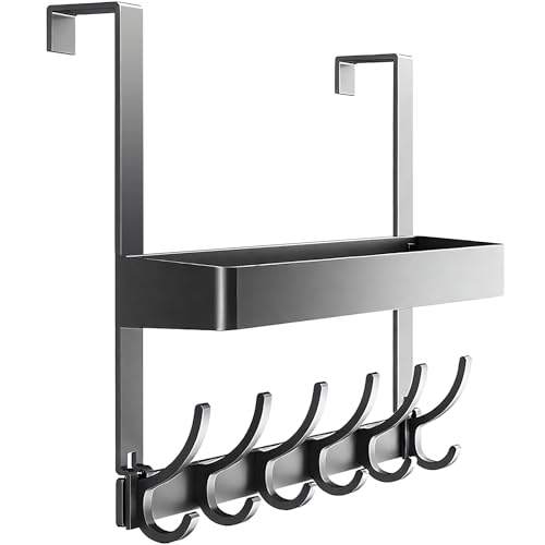 Inmorven Over The Door Hooks Organizer Hanger Storage with 6 Hooks 1 Mesh Baskets Back of Door Storage for Towels Coats Clothes Space Saving Hanging Rack for BathroomLiving RoomKitchen - Image 1